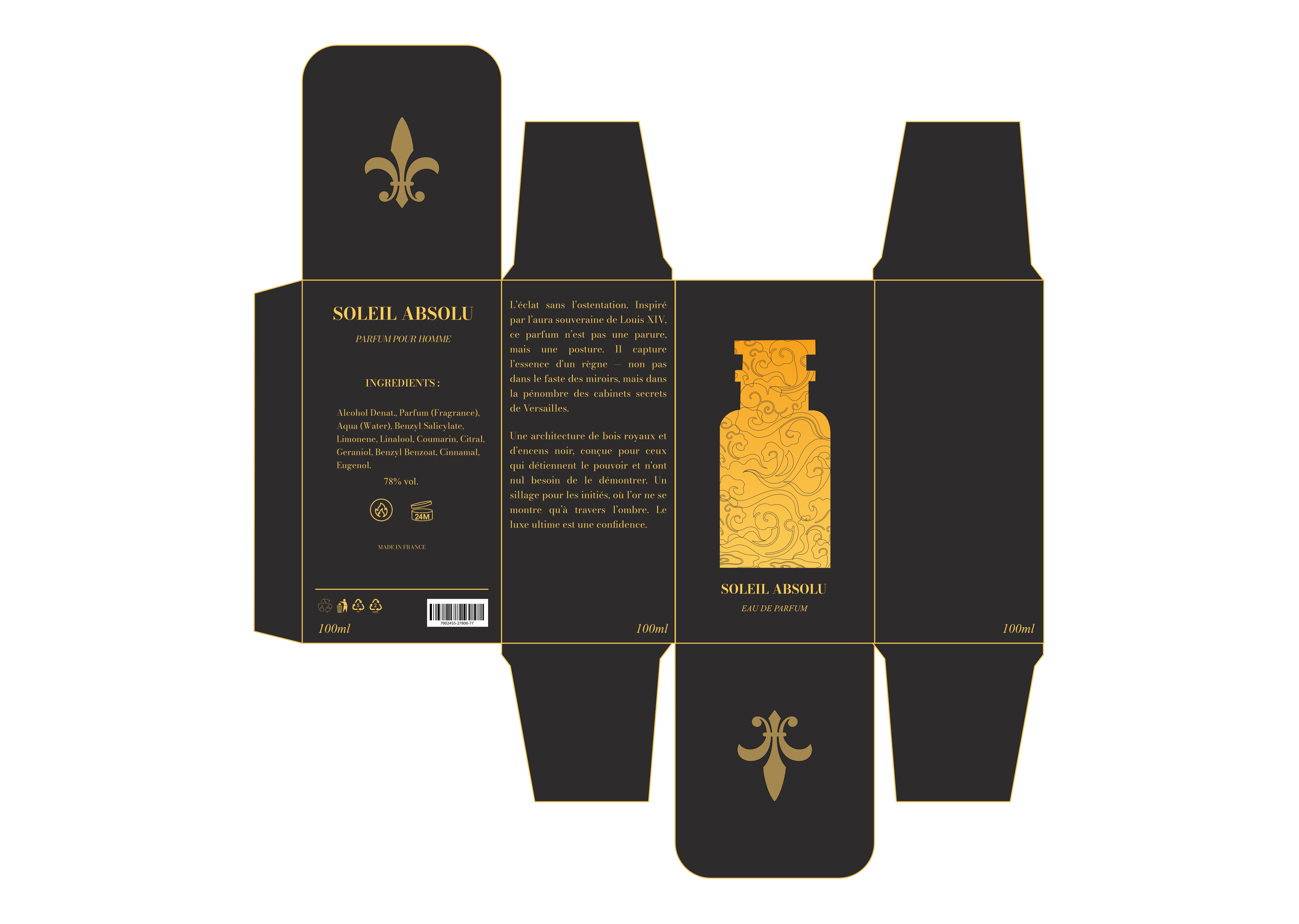 Packaging luxe parfum Soleil Absolu - Design graphique néo-baroque
